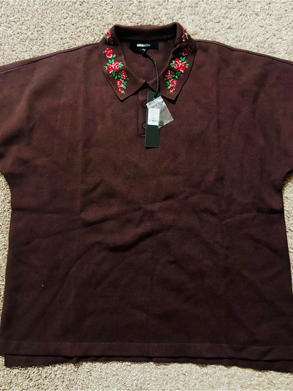 Fashion Nova Dark Brown Polo with Red Rose Embroidered Collar